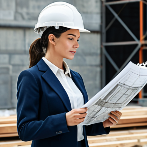 **

"A professional female architect, fully clothed in a modest business casual outfit (slacks, blouse, blazer), reviewing blueprints on a construction site, wearing a safety helmet, appropriate attire, safe for work, perfect anatomy, natural proportions, daytime, professional photography, realistic rendering, high quality."

**