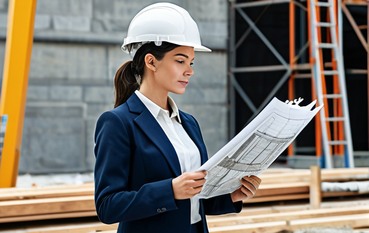 **

"A professional female architect, fully clothed in a modest business casual outfit (slacks, blouse, blazer), reviewing blueprints on a construction site, wearing a safety helmet, appropriate attire, safe for work, perfect anatomy, natural proportions, daytime, professional photography, realistic rendering, high quality."

**