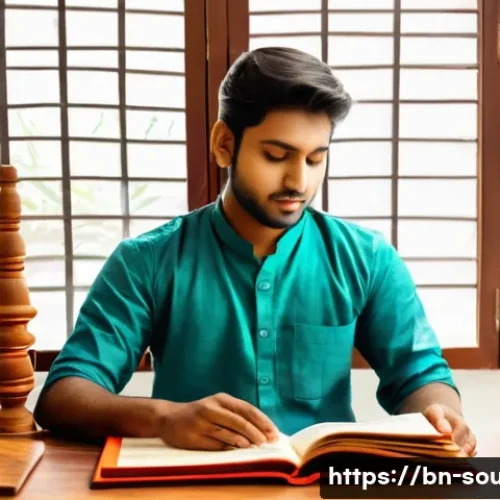 음향 학습을 위한 추천 도서 - A detailed educational scene showing a Bengali music student reading a colorful book about basic sou...