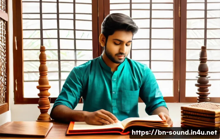 음향 학습을 위한 추천 도서 - A detailed educational scene showing a Bengali music student reading a colorful book about basic sou...