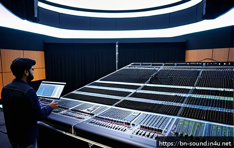 라이브 공연 음향 체크리스트 - A detailed live sound setup scene in a large concert venue with a diverse team of Bengali sound engi...
