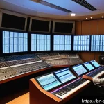 음향 기술자들이 겪는 문제 사례 - A high-tech audio recording studio showcasing advanced Digital Signal Processing (DSP) equipment and...