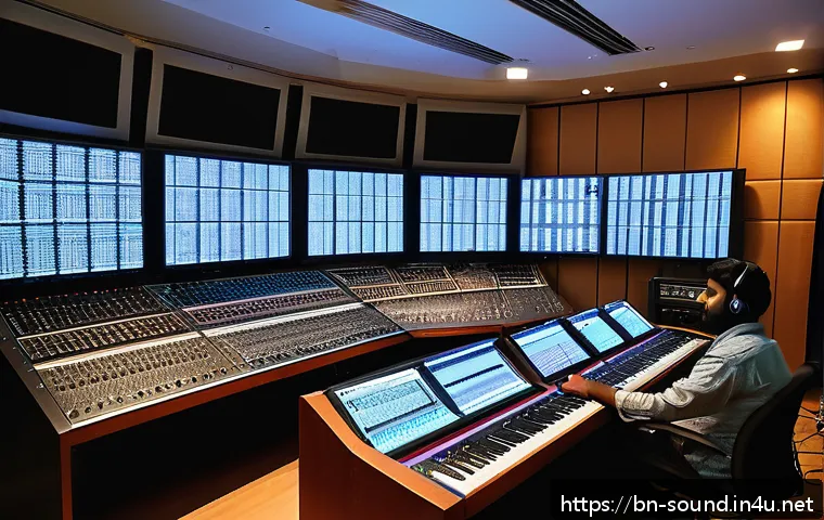 음향 기술자들이 겪는 문제 사례 - A high-tech audio recording studio showcasing advanced Digital Signal Processing (DSP) equipment and...