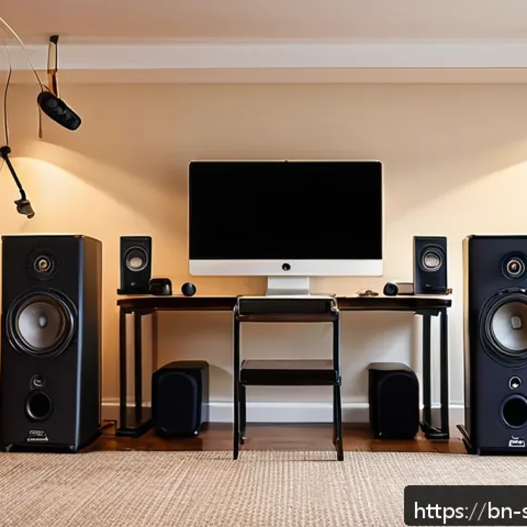 음향 필드 테스트 방법 - A cozy home audio testing setup featuring a small room with beige walls and soft natural lighting, a...