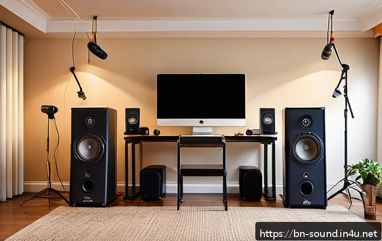 음향 필드 테스트 방법 - A cozy home audio testing setup featuring a small room with beige walls and soft natural lighting, a...