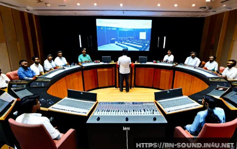 음향 기술 세미나 참석 후기 - Photorealistic sound engineering seminar in a modern conference hall in Bangladesh, diverse adult at...