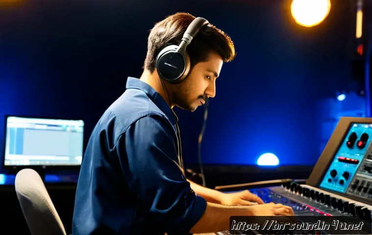 음향기술자 업무 사례 모음 - Photorealistic live concert sound engineer in a modern control booth, focused adult technician weari...