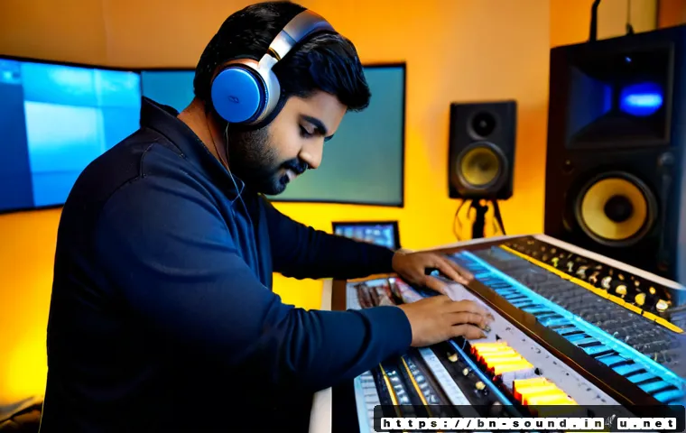 스튜디오 음향 작업 과정 - Photorealistic recording studio sound production session, Bengali audio engineer wearing casual head...