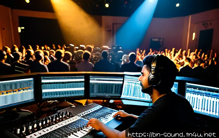 Home 17 음향 실무에서의 팀워크 중요성 - Photorealistic live concert sound control room, diverse audio engineering team collaborating around ...