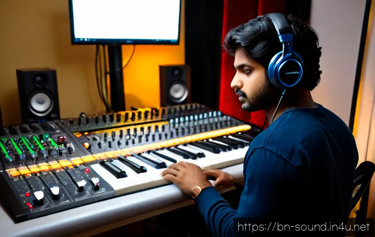 음향 기술자의 성장 스토리 - Photorealistic young Bengali audio engineer in a modest home studio, carefully adjusting knobs on a ...